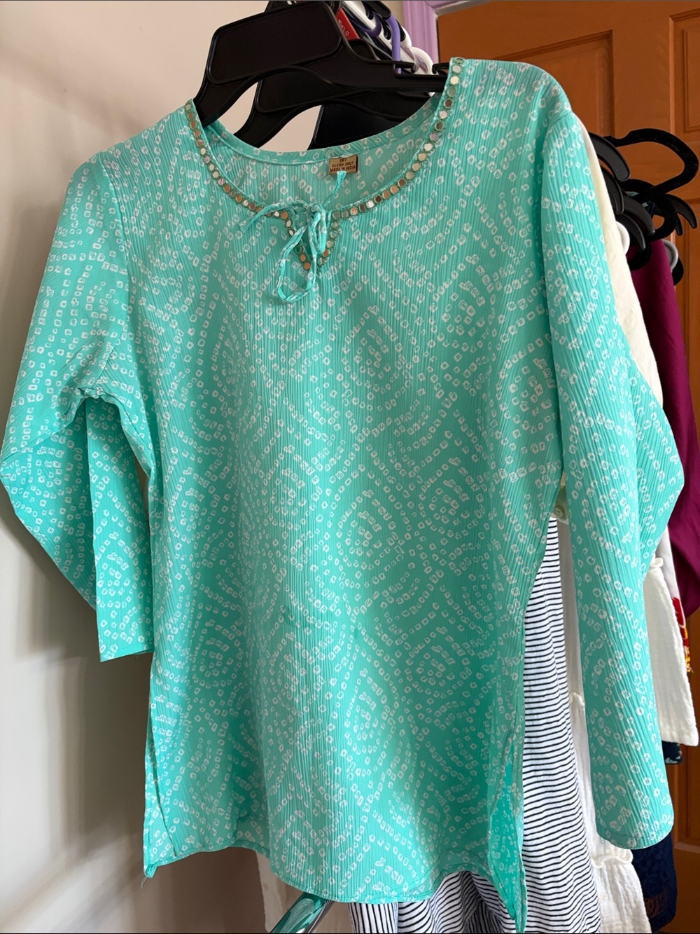 Women’s Turquoise Tie-Neck Long Sleeve Top indian kurti